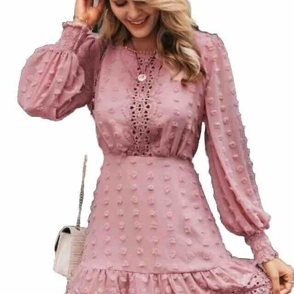 Simplee Pink Size M Long Sleeve Lace Chiffon Mini Party Dress Swiss Dot - Picture 1 of 6